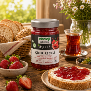 Ekoloji Market Organik Glutensiz Şekersiz Çilek Reçeli 380 Gr.